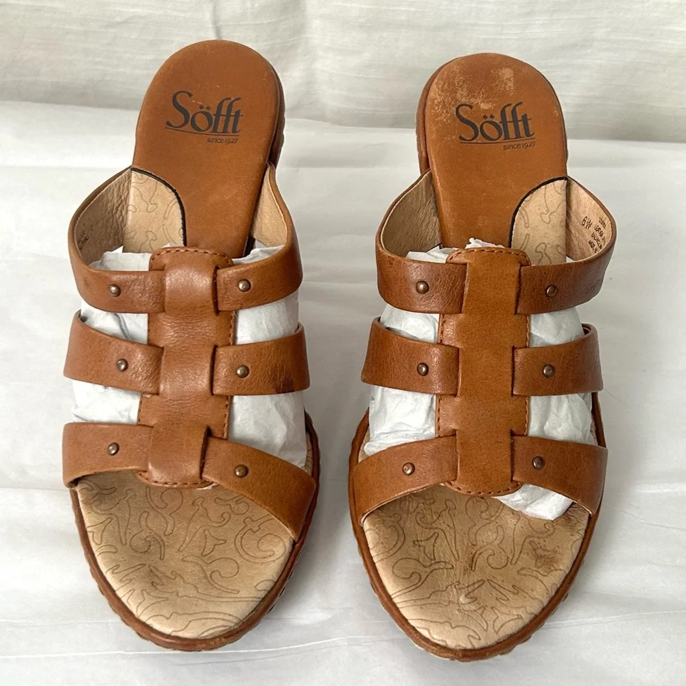 SOFFT Women's Brown Leather Cutout Neutral Minimalist Quiet Luxury Wedge Sandals